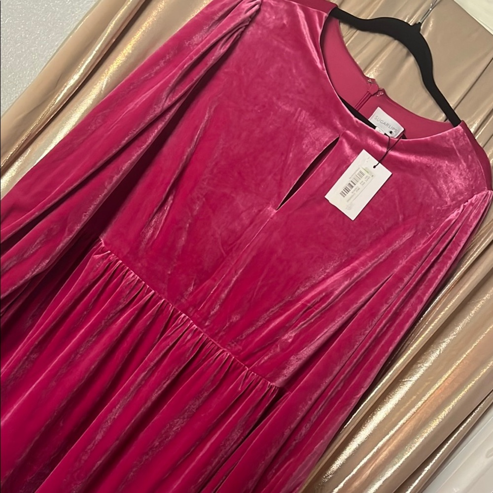 Sugarlips Hot Pink Velvet Long Sleeve Midi Dress